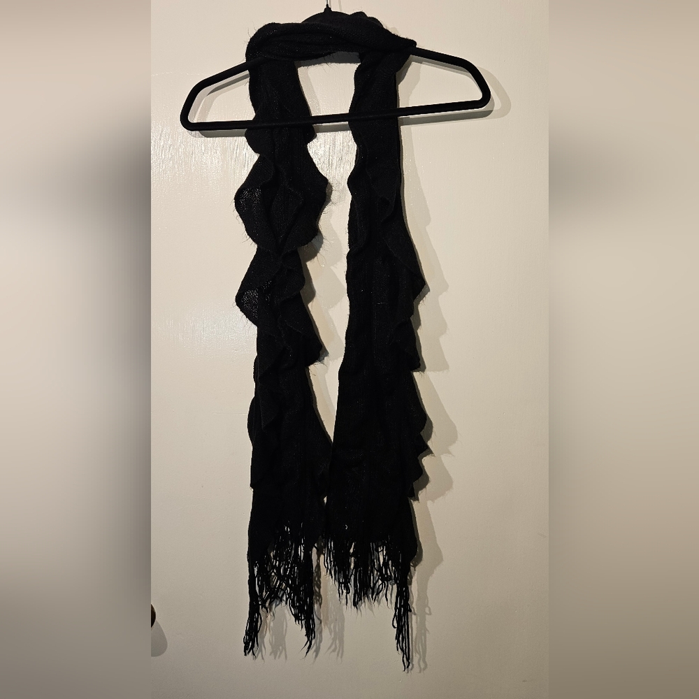 Chic Black Ruffle Lightweight Cozy Knit Scarf with Fringe